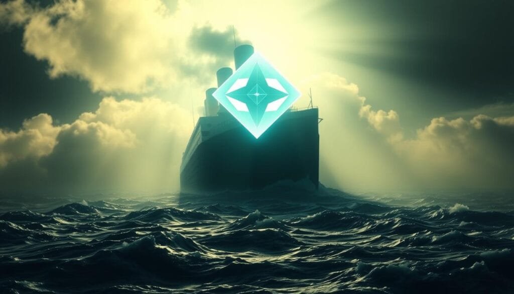 A dramatic, cinematic wide-angle shot of a large, radiant diamond-shaped symbol floating above the stern of the sinking RMS Titanic. The diamond glows with an otherworldly light, casting long shadows across the churning, foaming ocean below. Thick clouds of billowing smoke and steam obscure the ship's silhouette in the background, giving the scene an ominous, ethereal atmosphere. The diamond's facets refract the pale, moody lighting, creating a prismatic effect that transforms the chaotic scene into a surreal, dreamlike tableau. The overall composition suggests a sense of power, wonder, and the the fateful, interconnected nature of life and death.