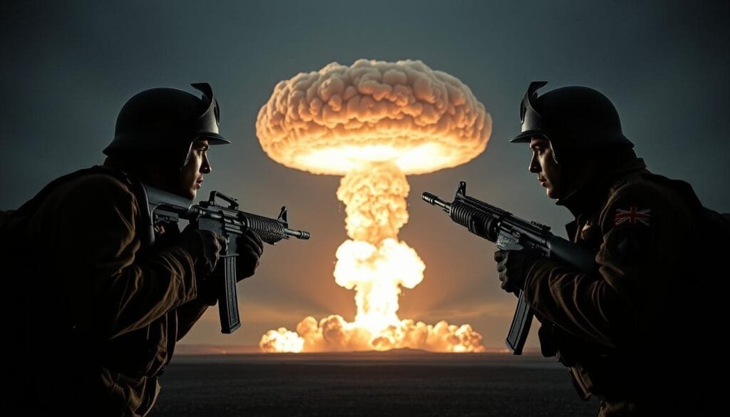 A dramatic cold war scene of nuclear arms in equilibrium. In the foreground, a tense face-off between two soldiers in military uniforms, rifles at the ready, casting intense shadows. In the middle ground, a towering mushroom cloud from a nuclear detonation rises ominously, its fiery plume illuminating the tense standoff. The background is shrouded in darkness, with only a faint glow of explosions visible on the horizon, creating an ominous and foreboding atmosphere. The lighting is harsh and dramatic, with harsh shadows and contrasts, emphasizing the high-stakes and volatile nature of the scene. The overall composition conveys a sense of precarious balance and the ever-present threat of mutually assured destruction during the Cold War.
