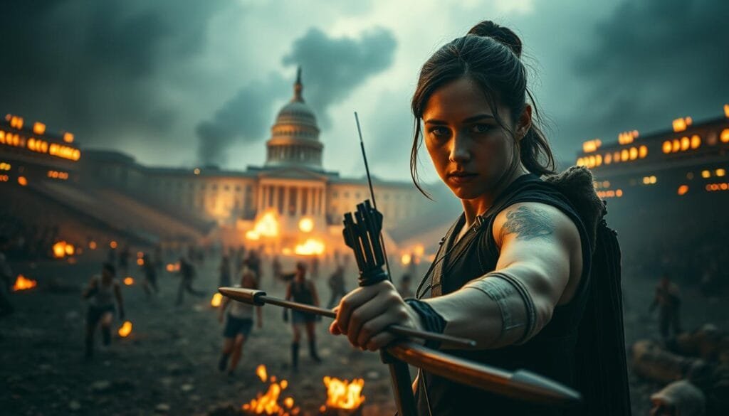 A dramatic dystopian arena, illuminated by flickering flames and ominous shadows. In the foreground, a determined young woman, Katniss Everdeen, grips her bow, ready to face the unexpected dangers of the Hunger Games. Tension builds as the camera captures her steely gaze, framed by a rugged, battle-worn landscape. The middle ground reveals the chaos of the arena, with fleeing tributes and the looming presence of unseen threats. In the background, the grandiose, oppressive architecture of the Capitol stands as a symbol of the totalitarian regime that forces these young people to fight for their lives. Harsh, high-contrast lighting casts dramatic shadows, heightening the sense of peril and the fight for survival.
