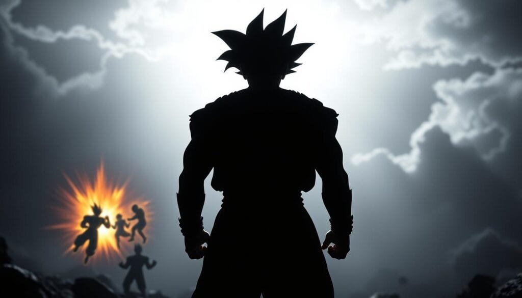 A dramatic, high-contrast scene depicting key moments in Goku's relentless pursuit of power. In the foreground, Goku stands resolute, fists clenched, his muscular silhouette backlit by an intense energy burst. In the middle ground, fleeting glimpses of transformative battles - Goku in Super Saiyan form, clashing with worthy opponents. The background fades into an ominous, storm-swept sky, hinting at the monumental challenges Goku has overcome in his never-ending quest for strength. Chiaroscuro lighting casts dynamic shadows, intensifying the sense of action and struggle. A cinematic, high-impact composition capturing the essence of Goku's iconic journey.