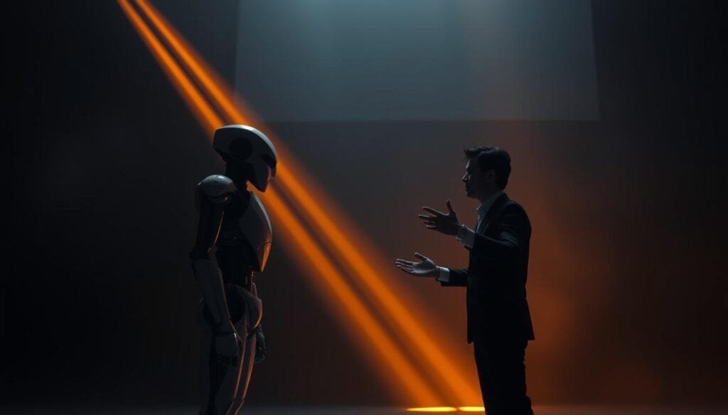 A dramatic, high-contrast scene depicting the philosophical debate around machine consciousness. In the foreground, two figures stand facing each other, one mechanical and one human, engaged in deep discussion. The mechanical figure has a sleek, angular design, hinting at advanced artificial intelligence. The human figure gestures emphatically, conveying the intensity of the debate. The background is shrouded in shadow, with beams of warm, amber light cutting through the gloom, creating an air of contemplation and intellectual pursuit. The composition is balanced and symmetrical, mirroring the complex, multifaceted nature of the subject matter. Cinematic lighting and a slight fisheye lens effect lend an immersive, thought-provoking quality to the image.