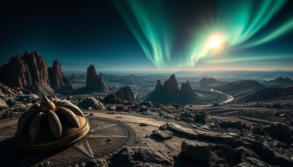 A dramatic landscape featuring various geophysical evidence of the Earth's magnetic field, illuminated by a dramatic, low-angle lighting that casts long shadows. In the foreground, a weathered compass needle points erratically, symbolizing the disruption of the planet's magnetic orientation. In the middle ground, jagged rock formations and geological formations reveal patterns of magnetic striations, showcasing the complex interplay of the Earth's magnetic field with its crust. In the distant background, aurora borealis dances across the sky, a testament to the interaction between the solar wind and the planet's magnetic shield. The overall scene conveys a sense of mystery and awe surrounding the geophysical forces that shape our world.