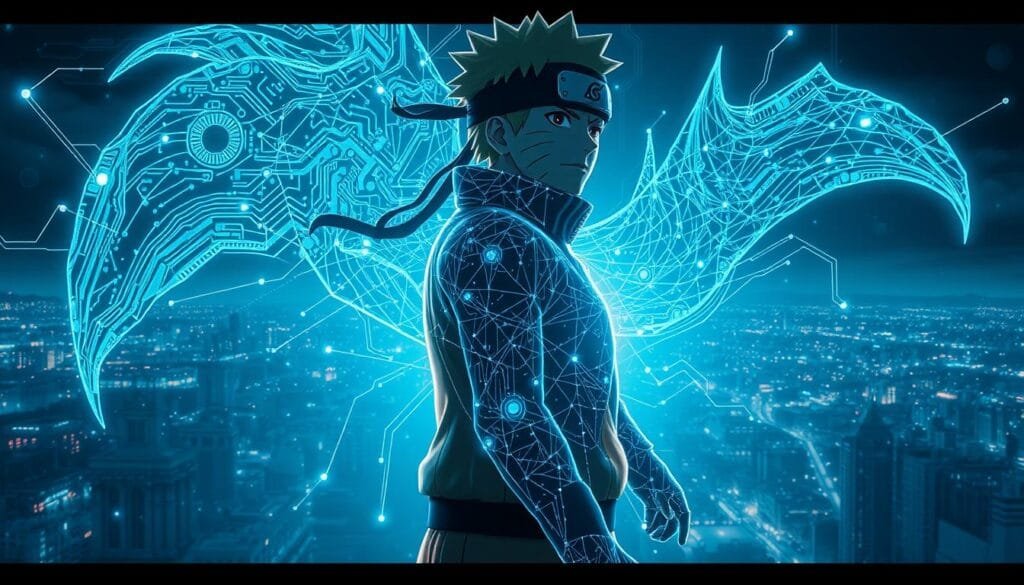 A dramatic, photorealistic scene depicting the transformation of the ninja Naruto through the lens of artificial intelligence. In the foreground, Naruto stands with a determined expression, his body glowing with an ethereal energy as he channels the power of the nine-tailed fox. In the middle ground, an intricate, swirling matrix of digital code and circuitry envelops him, symbolizing the integration of technology and the ninja's innate abilities. The background reveals a sprawling, futuristic cityscape, hinting at the advanced world Naruto has become a part of through his growth and adaptation. Bathed in cool, electric hues, the scene conveys a sense of technological wonder and the ninja's personal transformation.