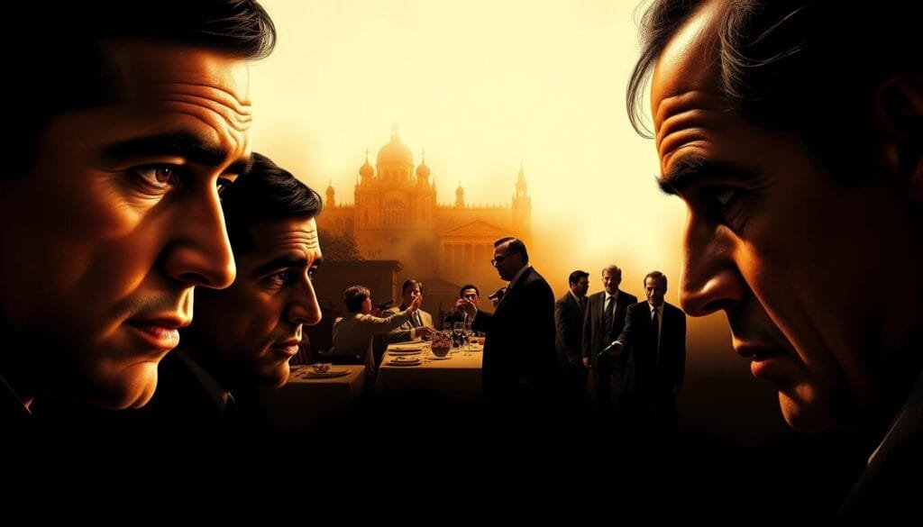 A dramatic progression of Michael Corleone's character, from naive and idealistic young man to ruthless mafia patriarch. In the foreground, a close-up of Michael's face at different stages - innocent, calculating, haunted. In the middle ground, key moments from the Godfather saga: Michael executing his rivals, ascending to power, witnessing the consequences of his choices. The background shifts from warm, golden-hued family gatherings to the stark, shadowy world of organized crime. Chiaroscuro lighting casts Michael's transformation in high contrast, the weight of his decisions etched in his expression. An intimate, cinematic study of a man's moral descent, rendered in detailed, painterly style.