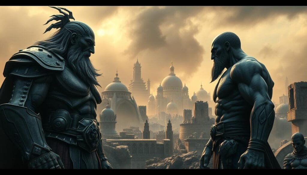 A dramatic scene depicting the complex relationships and power dynamics between key Titan characters. In the foreground, two imposing Titan figures, one towering and commanding, the other hunched and conflicted, engage in a tense standoff. Their expressions convey a sense of history, unresolved tensions, and a struggle for control. The middle ground features a detailed cityscape, crumbling and ravaged, a reminder of the devastating consequences of their conflict. The background is shrouded in an ominous, atmospheric haze, suggesting the weight of their choices and the looming uncertainty of their fate. Cinematic lighting casts dramatic shadows, heightening the sense of drama and the high-stakes nature of their interactions.