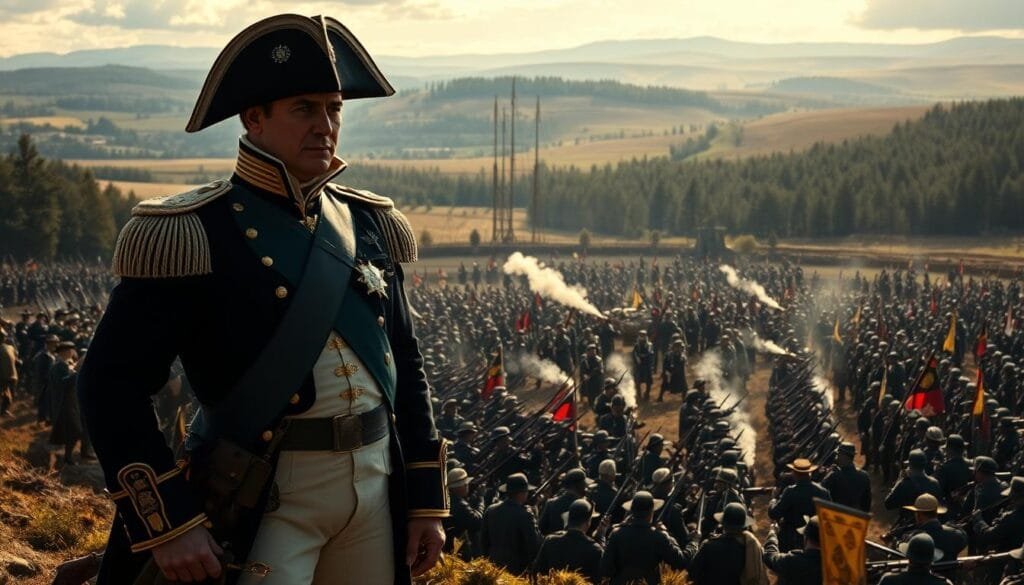 A dramatic scene depicting the historical military strategies of Napoleon Bonaparte. In the foreground, Napoleon stands tall, his commanding presence imbued with a steely gaze as he surveys a sprawling battlefield. Behind him, his generals gather, pouring over maps and charts, strategizing their next move. The middle ground is a chaotic clash of forces, muskets firing, cannons thundering, as Napoleon's army engages the enemy. In the distant background, the rolling hills and forests of the European countryside provide a sweeping, cinematic backdrop, the light casting long shadows and a sense of foreboding. The overall mood is one of intensity, focus, and the weight of momentous decisions that will shape the course of history.