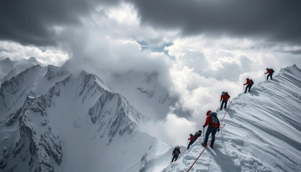 A dramatic scene of Sherpas navigating the perilous slopes of an extremely high mountain, with treacherous ice cliffs, howling winds, and a forbidding atmosphere. The foreground shows a group of Sherpas roped together, carefully traversing a narrow, exposed ridge, their faces determined and their movements precise. The middle ground reveals the immense scale of the mountain, with towering, jagged peaks reaching up into a stormy, grey sky. The background is filled with ominous, swirling clouds, casting deep shadows across the icy landscape. The lighting is dramatic, with shafts of sunlight breaking through the gloom, illuminating the Sherpas' struggle against the elements. The overall mood is one of extreme danger and the triumph of the human spirit in the face of nature's most unforgiving challenges.