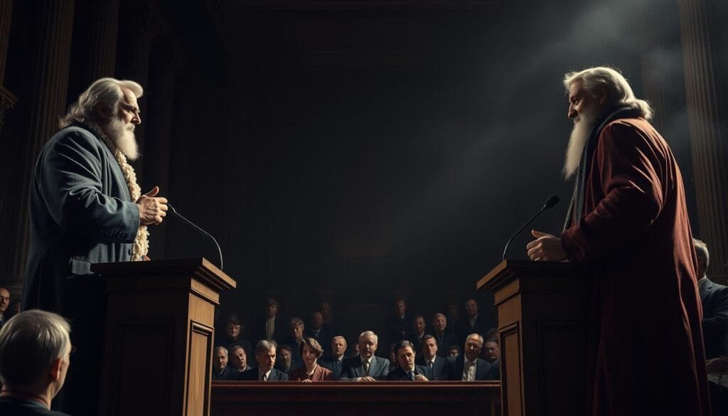 A dramatic scene of a heated historical debate, with two imposing figures standing at podiums, engaged in a passionate and contentious exchange. The foreground features the debaters, their faces etched with intensity and their gestures bold, as they argue their points with conviction. The middle ground is shrouded in the haze of a dimly lit auditorium, with rows of observing scholars and critics watching the proceedings with rapt attention. In the background, a shadowy, imposing architectural setting, with towering columns and ornate details, creates a sense of grandeur and historical significance. The lighting is dramatic, with a chiaroscuro effect that casts dramatic shadows, heightening the tension and gravity of the moment. The overall atmosphere evokes a sense of high-stakes, contentious intellectual discourse that has shaped the course of history.