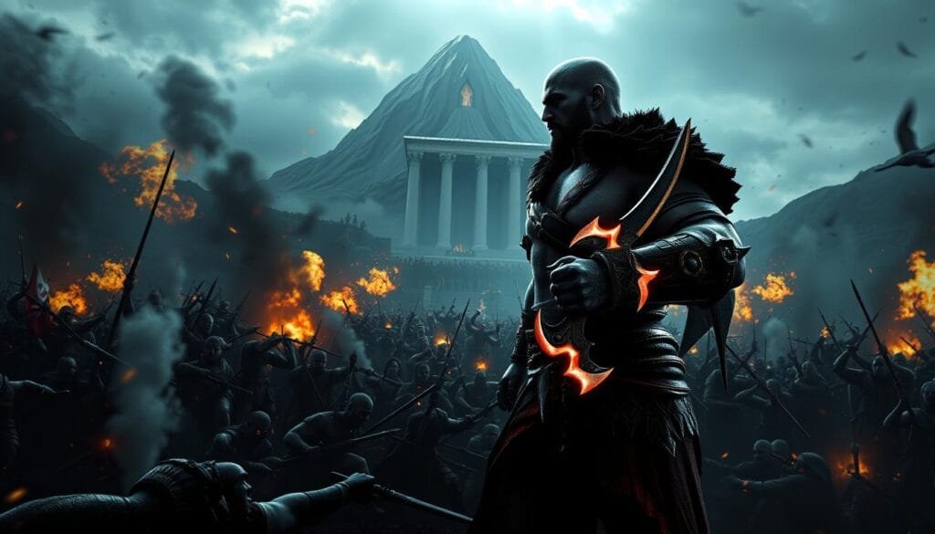 A dramatic scene of the Greek god of war, Kratos, standing amidst a chaotic battlefield. In the foreground, Kratos grips his iconic Blades of Chaos, their glowing blades reflecting the intensity of the battle. The middle ground is filled with the clashing of weapons, the smoke of explosions, and the anguished cries of fallen warriors. In the background, the towering Mount Olympus looms, its grand architecture a testament to the power of the Greek pantheon. The lighting is moody and cinematic, casting deep shadows and highlights that accentuate the heroic figure of Kratos. The overall atmosphere conveys the weight and gravity of Kratos' role as the Greek god of war, his actions shaping the course of this mythological conflict.
