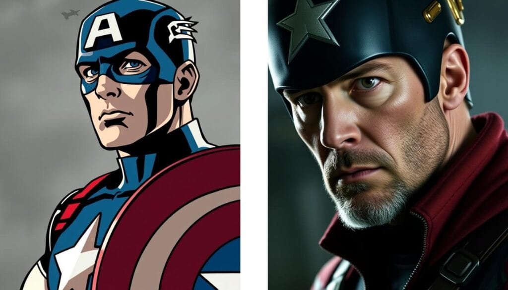 A dramatic split-screen composition contrasting the classic comic book Captain America with his cinematic counterpart from the Marvel Cinematic Universe. In the left panel, a bold, angular comic book illustration showcases the hero's iconic red, white, and blue uniform, shield, and determined expression. The right panel depicts a photorealistic rendering of the live-action Avenger, his face reflecting a mix of patriotism and world-weary resolve. Diffused lighting casts dramatic shadows, emphasizing the contrast between the two interpretations. The overall tone is one of contemplation, inviting the viewer to consider the evolution of this American symbol across media.