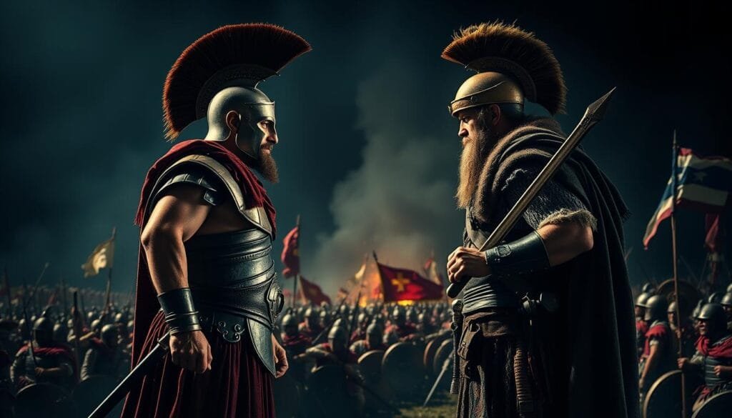 A dramatic tableau depicting a historical leadership comparison. In the foreground, two legendary leaders stand face-to-face, gazes locked in a silent clash of wills - the stoic, spear-wielding Spartan king Leonidas and the fierce, claymore-brandishing Scottish rebel William Wallace. Their contrasting attire and armaments symbolize the eras they represent. In the middle ground, armies clash violently, banners fluttering amid the chaos. The background is shrouded in a moody, atmospheric haze, hinting at the gravity and timelessness of the leaders' legacies. Dramatic chiaroscuro lighting casts deep shadows, creating a sense of high drama and import. Cinematic camera angles emphasize the towering, almost mythic stature of the two commanders.