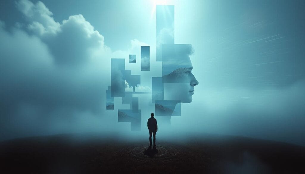 A dreamlike landscape with multiple instances of déjà vu experiences, each represented by a distinct visual metaphor. In the foreground, a person stands in a familiar yet unfamiliar setting, a sense of déjà vu washing over them. In the middle ground, fragments of memories and experiences overlap, creating a sense of déjà vécu. In the background, a mirrored or glitching reality suggests a glimpse into an alternate timeline or past life. The lighting is soft and hazy, evoking a sense of nostalgia and the uncanny. The overall composition conveys the multifaceted nature of déjà vu, blending reality and perception.