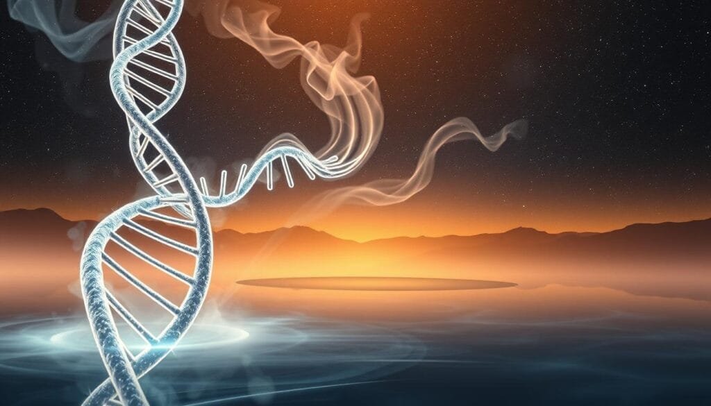 A dreamscape landscape, where the subconscious and genetic code intertwine. In the foreground, a double-helix structure of DNA strands rises up, its intricate patterns glowing with an ethereal bioluminescence. Swirling around it, translucent wisps of REM-induced imagery - fragments of memories, emotions, and imaginings. The middle ground features a tranquil, mirror-like lake, reflecting the DNA helix and the shifting dream-like forms above. In the distant background, a starry night sky, hinting at the boundless expanse of the human mind. The scene is bathed in a soft, warm light, creating an atmosphere of contemplation and wonder, as if exploring the genetic origins of sleep and consciousness.