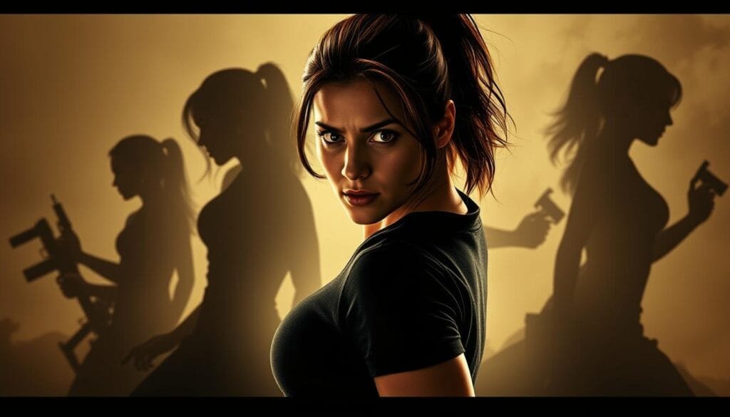 A dynamic action movie character evolution, captured in a cinematic diptych. In the foreground, a fearless female protagonist, her steely gaze and tense posture conveying her transformation from vulnerable to formidable. In the background, ghostly silhouettes of her previous incarnations, each a layer of her heroic journey. Dramatic lighting casts sharp shadows, emphasizing the character's emotional and physical progression. The composition strikes a balance between gritty realism and stylized elegance, mirroring the evolution of the character's on-screen persona.