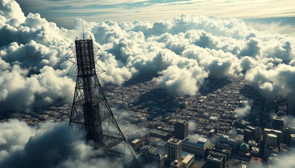 A dynamic aerial view of a social media landscape, with swirling clouds of digital information and political declarations crashing against one another. The foreground features a towering, imposing structure made of networked nodes and connections, symbolizing the powerful impact of online discourse. The middle ground is a mosaic of diverse profiles, avatars, and news headlines, conveying the cacophony of voices and perspectives that shape public opinion. In the background, a horizon of shifting hues and textures, reflecting the constantly evolving nature of the digital realm. Dramatic lighting casts long shadows, adding a sense of gravity and weight to the scene. The overall composition evokes a sense of turbulence, complexity, and the far-reaching influence of political statements in the age of social media.