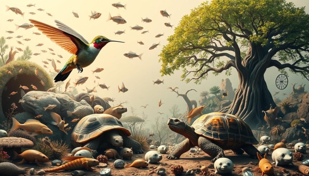 A dynamic and diverse composition showcasing the perception of time across different species. In the foreground, a graceful hummingbird hovers mid-flight, its wings a blur, capturing the accelerated experience of time. In the middle ground, a serene tortoise leisurely ambles, embodying the slower, more measured passage of time. The background features an array of diverse organisms, each with their own unique temporal awareness, from the frenetic activity of a school of fish to the patient, unperturbed gaze of an ancient tree. The lighting is soft and natural, casting a warm, contemplative glow over the scene, inviting the viewer to ponder the subjective nature of time. Rendered with meticulous detail and a harmonious color palette, this image provides a visually captivating exploration of the varied temporal perspectives of the natural world.