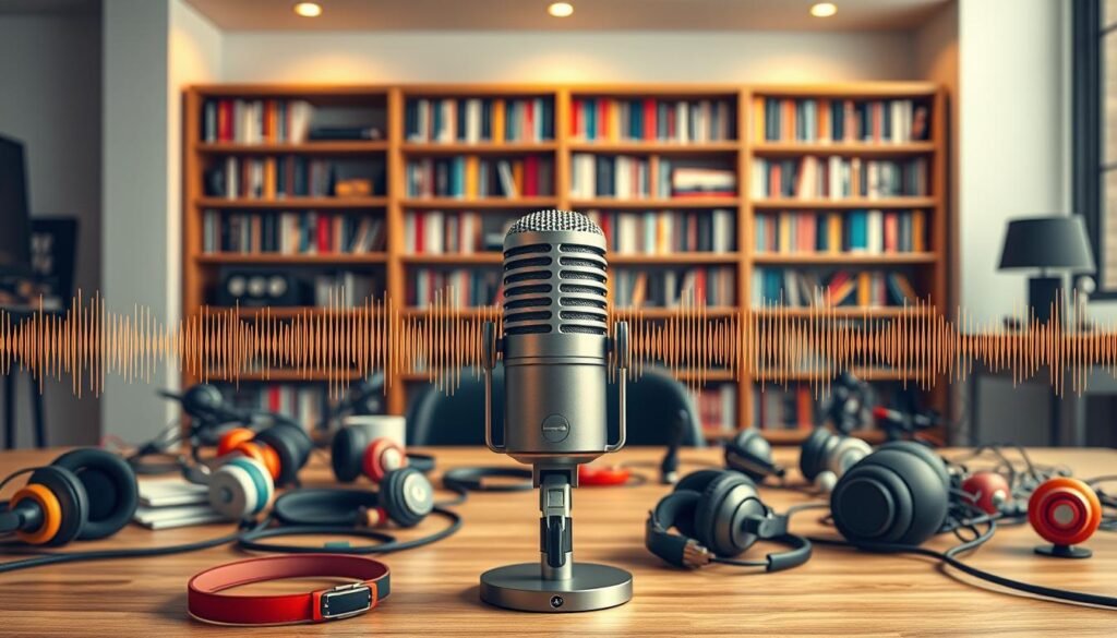 A dynamic and vibrant podcast landscape, with a variety of colorful microphones and headphones scattered across a modern, minimalist office setting. The foreground features a central microphone, its sleek design capturing the essence of impactful audio. In the middle ground, layered podcast waveforms pulse with energy, symbolizing the educational and entertaining influence of this medium. The background showcases a bookshelf filled with diverse knowledge resources, alluding to the cerebral nourishment podcasts provide. Warm, directional lighting creates a cozy, contemplative atmosphere, inviting the viewer to immerse themselves in the transformative power of podcasts.