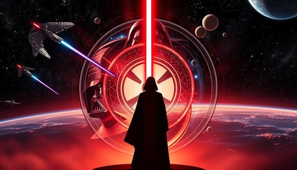 A dynamic, cinematic composition depicting the narrative structure of the iconic Star Wars saga. In the foreground, a bold silhouette of Luke Skywalker's iconic lightsaber hilt stands as a central motif, representing the hero's journey. Surrounding it, a swirling vortex of iconic imagery - the Millennium Falcon in flight, Darth Vader's mask, and a cluster of stars reminiscent of the opening crawl. In the middle ground, a series of nested circular frames suggest the cyclical, mythological nature of the story, while the background features a stunning panorama of the Star Wars galaxy, with planets, nebulae, and a sense of grand, intergalactic scale. The overall mood is one of epic, cinematic grandeur, capturing the sweeping, archetypal narrative that has captivated audiences for generations.