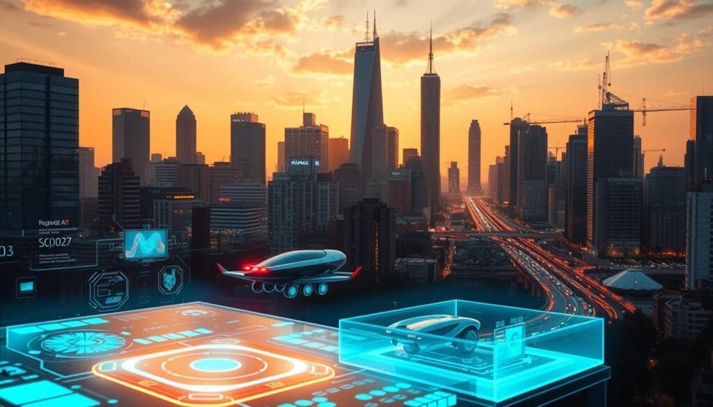 A dynamic cityscape bathed in a warm, futuristic glow. In the foreground, holographic interfaces and screens showcase a variety of innovative AI-powered applications, from advanced medical diagnostics to autonomous transportation. In the middle ground, sleek, hovering vehicles glide seamlessly through the urban landscape, while in the background, towering skyscrapers and gleaming technology hubs symbolize the transformative power of AI across diverse sectors. The scene exudes a sense of progress, innovation, and the boundless potential of artificial intelligence to shape the future.