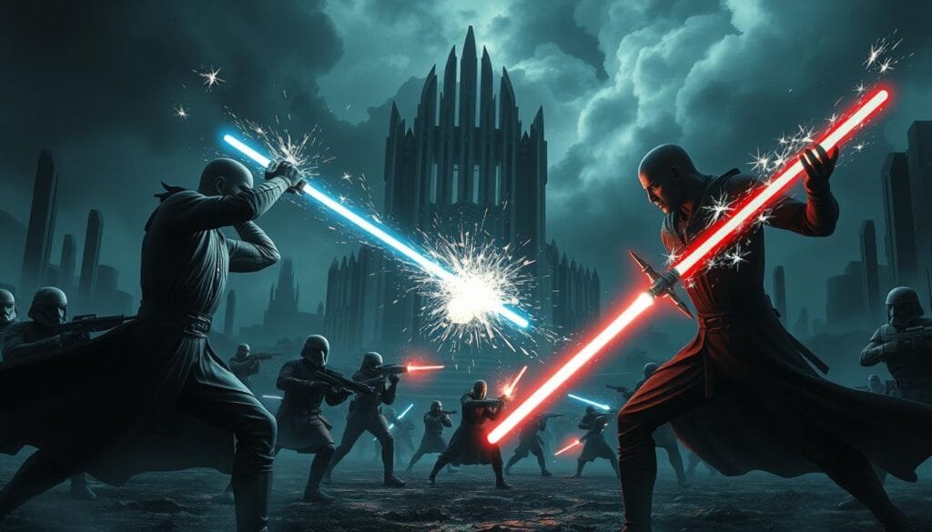 A dynamic combat scene set in a dark, ominous realm. In the foreground, two powerful figures clash in an intense duel, their lightsabers clashing with blinding sparks. Cascading energy flows around them, illuminating their determined expressions. In the middle ground, shadowy soldiers engage in close-quarters combat, blasters firing rapid bolts. The background depicts a forbidding landscape, with towering edifices and looming storm clouds. Dramatic chiaroscuro lighting casts dramatic shadows, heightening the sense of danger and power. A powerful, cinematic atmosphere permeates the scene, capturing the essence of strategic, high-stakes combat.