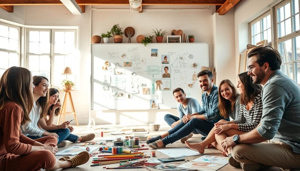 A dynamic group of people engaging in creative exercises in a bright, airy studio. In the foreground, a diverse group of individuals sitting on the floor, using various art materials - colored pencils, paints, and paper - to explore their ideas. The middle ground features a whiteboard with sketches and mind maps, as well as a collection of inspirational objects like plants, books, and found objects. In the background, large windows flood the space with natural light, casting a warm, productive atmosphere. The participants are focused, with expressions of concentration and joy, as they push the boundaries of their creative thinking.