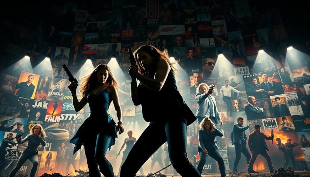 A dynamic scene depicting the cultural legacy and heroic impact of iconic action movie protagonists. In the foreground, the powerful silhouettes of two female action heroes stand tall, their determined poses radiating strength and resilience. The middle ground showcases dynamic action sequences, with the heroines engaged in intense combat, their movements frozen in time. In the background, a mosaic of movie posters, film stills, and cultural references create a rich tapestry that celebrates their cinematic legacy. Dramatic lighting casts dramatic shadows, evoking a sense of heroism and cinematic grandeur. Captured with a wide-angle lens to emphasize the epic scope of the scene, this image aims to capture the enduring cultural impact and iconic status of these legendary action figures.