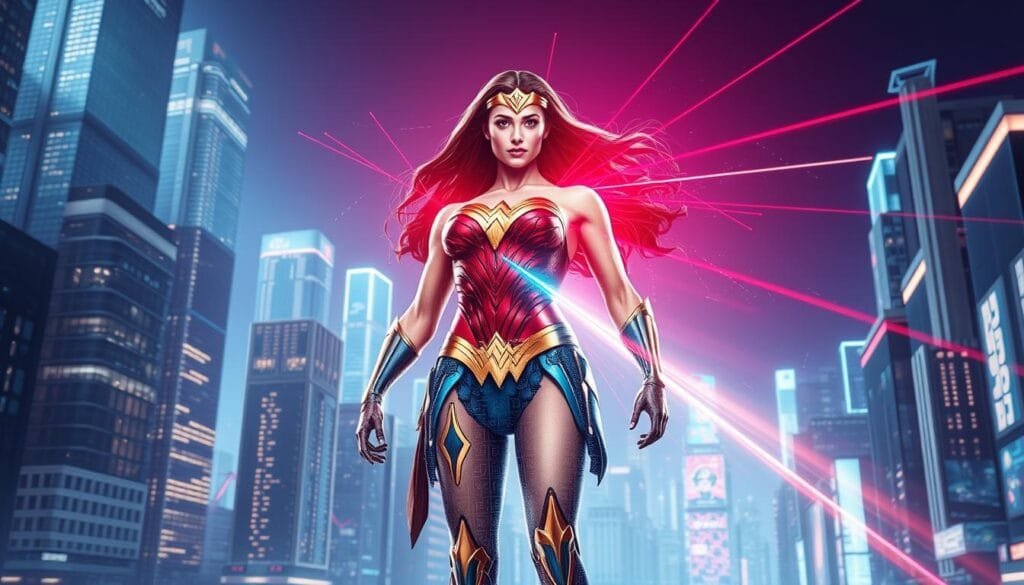 A dynamic, vibrant image of "image transformation technology" that captures the spirit of Wonder Woman's impact through AI-powered visual exploration. A futuristic cityscape forms the background, with shimmering skyscrapers and holographic displays. In the foreground, a powerful female figure stands tall, her body composed of shifting digital elements - pixels, polygons, and lines of code that morph and recombine, evoking the fluid, malleable nature of digital imagery. Beams of colorful light radiate from her hands, symbolizing the transformative power of this advanced visual technology. The lighting is dramatic, with striking contrasts of light and shadow, creating an atmosphere of wonder and innovation.