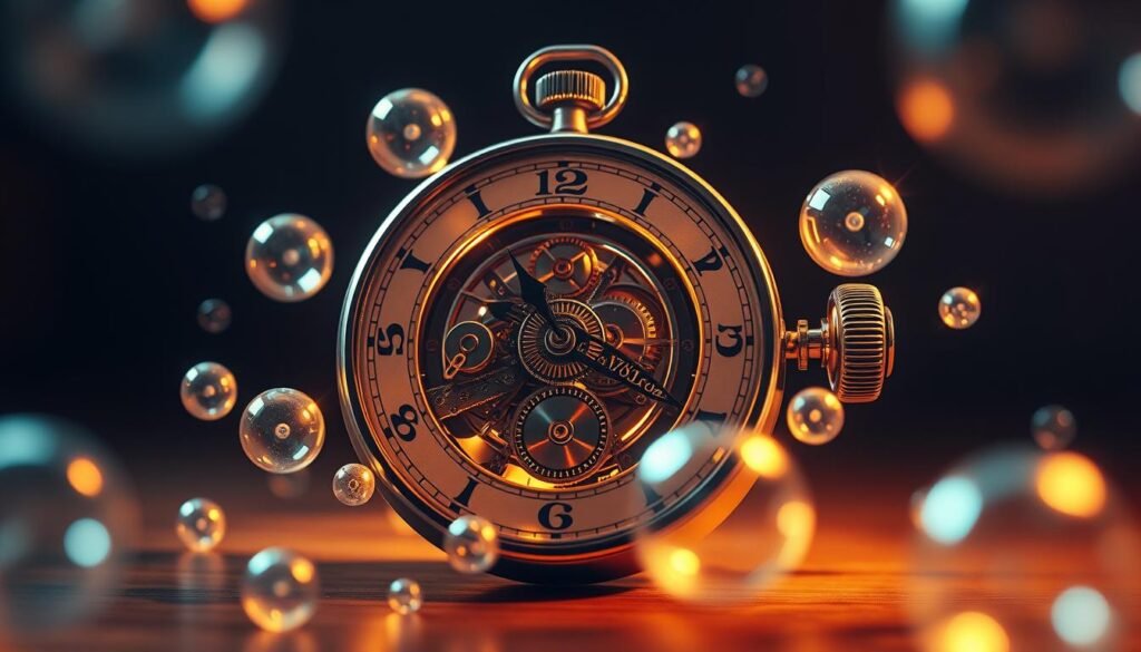 A dynamic visual representation of the passage of time, featuring a meticulously crafted mechanical timepiece surrounded by ethereal, ethereal glowing orbs that symbolize the malleable nature of temporal perception. The composition is illuminated by a warm, diffused lighting that casts subtle shadows, conveying a sense of depth and weight to the scene. The camera angle is slightly elevated, allowing the viewer to observe the intricate details of the timepiece and its interaction with the ephemeral elements, creating a thought-provoking and visually captivating illustration of the theories and models of temporal measurement.