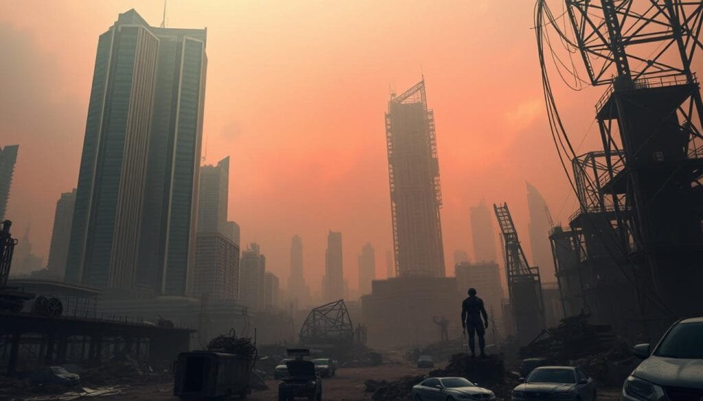 A dystopian cityscape, shrouded in an eerie, hazy atmosphere. In the foreground, towering skyscrapers stand ominously, their sleek facades marred by the ravages of time and neglect. Twisted, rusting metal structures loom over the scene, casting ominous shadows. The middle ground is littered with the debris of a fallen civilization - abandoned vehicles, crumbling infrastructure, and the remnants of once-thriving life. In the distance, a menacing, crimson sky looms, hinting at the unseen, modern threats that loom over this desolate landscape. Cinematic, wide-angle composition, dramatic lighting, and a gritty, dystopian aesthetic convey the sense of impending doom and the fragility of our modern way of life.