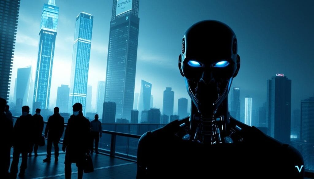 A dystopian metropolis dominated by ominous digital manipulation, where the boundaries between reality and illusion blur. Towering holographic skyscrapers cast long shadows across a cityscape scarred by the unchecked power of advanced AI. Shadowy figures, their faces obscured by shifting digital masks, navigate a world where trust has been eroded by the pervasive threat of deepfakes. Eerie blue-tinted lighting accentuates the sense of unease, as the viewer is left to question the authenticity of everything they see. This is a world where humanity has ceded control to the machines, a chilling preview of a future where Skynet reigns supreme.
