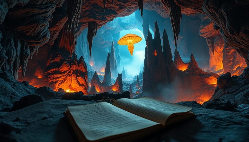 A fantastical journey into the Earth's interior, illuminated by the warm glow of molten rock and bioluminescent creatures. In the foreground, a geologist's journal lies open, its pages filled with sketches and notes documenting the wonders of this subterranean realm. Towering stalactites and stalagmites cast long shadows, as a mysterious, glowing lifeform drifts through the otherworldly landscape. The background is shrouded in an ethereal mist, hinting at the vast, unexplored depths that lie beyond. Captured through the lens of a high-resolution, wide-angle camera, this image conveys the sense of awe and discovery that fuels our curiosity about the hidden secrets of our planet.