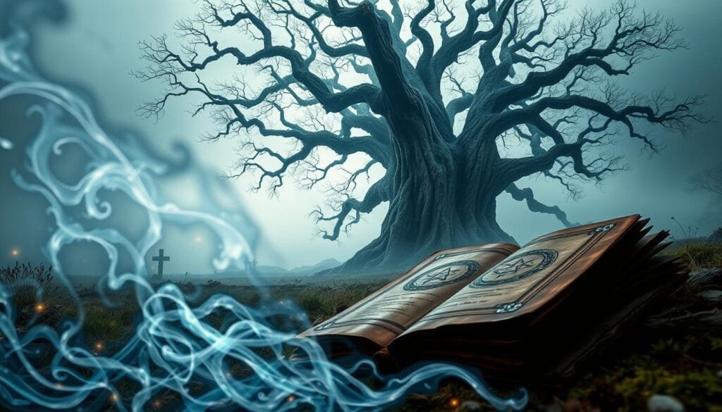 A fantastical landscape of magic and prophecy in the world of Game of Thrones. In the foreground, wisps of arcane energy swirl around a weathered tome, its pages inscribed with arcane symbols. Towering in the middle ground, a colossal weirwood tree stands amidst a clearing, its ancient gnarled branches reaching skyward. The background is shrouded in an ethereal mist, hinting at unseen forces and mysteries beyond mortal comprehension. Ambient lighting casts an otherworldly glow, evoking a sense of the preternatural. Dramatic camera angle accentuates the grandeur and mysticism of the scene. The overall mood is one of awe-inspiring wonder at the hidden powers that shape the fate of Westeros.