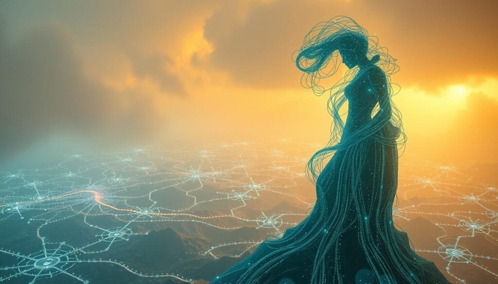 A fantastical realm where narrative coherence emerges from the interplay of AI-generated elements. In the foreground, a towering figure of swirling data and code, its form coalescing into a narrative tapestry. In the middle ground, a landscape of interconnected nodes and pathways, each branching off into countless story threads. The background bathed in a warm, ethereal glow, hinting at the infinite creative potential of this AI-driven world. Soft, diffused lighting casts a dreamlike atmosphere, while a wide-angle lens captures the grand scale and scope of this narrative universe. The overall mood is one of wonder, innovation, and the endless possibilities of AI-driven creative expression.