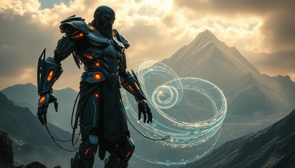 A fantastical reinterpretation of Greek mythology through the lens of artificial intelligence. In the foreground, a towering, metallic figure inspired by the Titan Kratos stands tall, its mechanical limbs and glowing circuits blending ancient and futuristic elements. The middle ground depicts a swirling vortex of data streams and digital artifacts, hinting at the AI's ability to manipulate the very fabric of myth and history. In the distant background, the iconic Mount Olympus looms, its peaks shrouded in a hazy, digital haze, suggesting the AI's far-reaching influence on the pantheon of Greek gods. Dramatic lighting casts dramatic shadows, imbuing the scene with a sense of power and mystique. An intricate, cinematic composition that merges the ancient and the modern, the human and the machine.