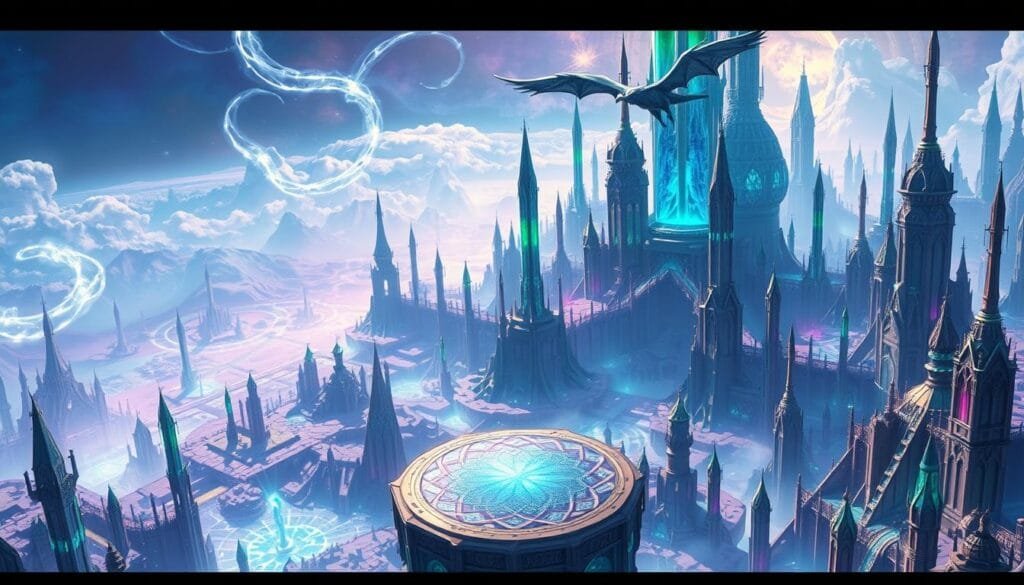 A fantastical world emerges, its landscape a tapestry of towering spires and crystalline structures. Vibrant hues of azure, amethyst, and emerald dance across the undulating terrain, illuminated by a soft, ethereal glow. Wisps of arcane energy swirl through the air, threading between the intricate architecture. In the foreground, a central platform stands, its surface shimmering with a kaleidoscopic pattern. Majestic, winged creatures soar overhead, casting long shadows across the dreamlike scene. The composition is framed by a wide-angle lens, capturing the grandeur and scale of this otherworldly domain. An atmosphere of wonder and mystery permeates the image, inviting the viewer to explore the boundless potential of this fantastical generador de mundos.