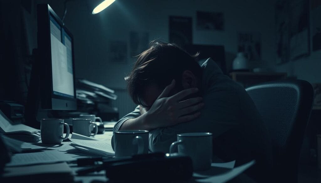 A fatigued person in a dimly lit room, slumped over a desk, surrounded by a chaotic mess of papers, empty coffee mugs, and a blinking computer screen. Harsh shadows cast across their face, emphasizing the dark circles under their eyes. The atmosphere is oppressive, conveying the detrimental physical and mental impacts of chronic sleep deprivation. A muted color palette with hints of blues and grays evokes a sense of exhaustion. The scene is captured from a low angle, creating a sense of vulnerability and the overwhelming burden of the situation.