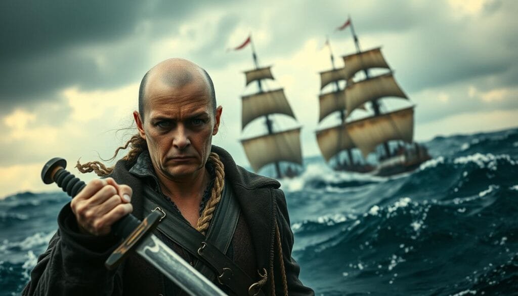 A fierce and determined Grace O'Malley, the notorious Irish pirate queen, stands tall amidst the turbulent waves of the open sea. Her weathered face, framed by her iconic bald head, exudes an unwavering strength and defiance. In the foreground, she clutches a sturdy sword, ready to defend her ship and her crew. The middle ground reveals the grand sails of her vessel, billowing in the strong winds, as it navigates through the choppy waters. In the background, a stormy sky looms, with dramatic lighting casting dramatic shadows across the scene, heightening the sense of adventure and danger that surrounds this legendary figure. Convey the commanding presence and indomitable spirit of this woman who conquered the seas.
