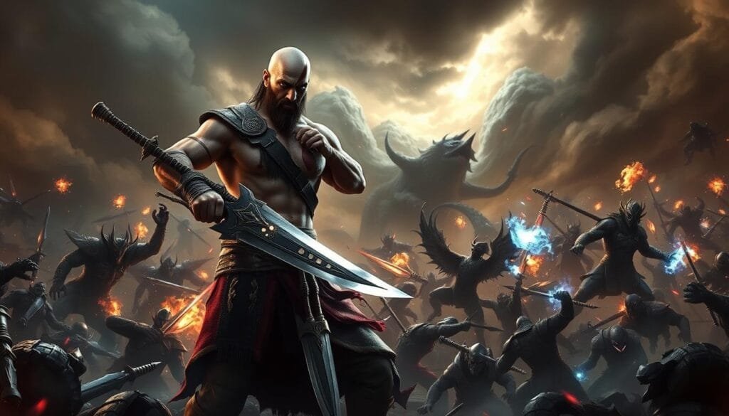 A fierce, god-like warrior stands amidst a tumultuous battlefield, muscles rippling as they wield a set of intricately-crafted blades. The foreground is dominated by the warrior's powerful, confident stance, their eyes narrowed in focus. In the middle ground, flashes of steel and bursts of arcane energy illuminate the chaotic combat, as mythical beasts and armored foes clash in an epic struggle. The background is shrouded in an ominous, brooding atmosphere, with dark clouds and swirling mists creating a sense of ancient, primordial power. Dramatic lighting casts dramatic shadows, accentuating the warrior's imposing figure and the intensity of the battle. The overall scene conveys the raw, visceral nature of the "God of War" universe, where violence and strategy intertwine in a dance of divine retribution.