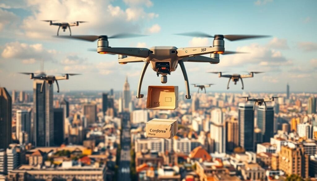 A fleet of drone delivery vehicles soaring gracefully over a bustling city skyline, transporting packages to eager customers below. The drones, sleek and futuristic, glide effortlessly through the air, navigating the urban landscape with precision. In the foreground, a central drone hovers, its cargo compartment open, ready to deposit a neatly packaged item on a doorstep. The scene is bathed in warm, golden light, creating a sense of efficiency and technological progress. The background is a panoramic view of skyscrapers and rooftops, suggesting the integration of drone delivery within the thriving e-commerce ecosystem. The overall atmosphere conveys a vision of a seamless, high-tech solution for the modern age of online shopping.