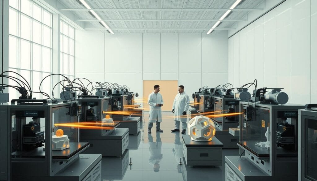 A futuristic 4D printing process unfolding in a sleek, minimalist laboratory. The foreground features an array of advanced 3D printers meticulously assembling intricate, self-transforming objects. Beams of energy and materials converge, guided by robotic arms and holographic interfaces. In the middle ground, scientists in clean-room suits monitor the progress, their expressions a mix of concentration and awe. The background depicts a vast, high-ceilinged space filled with natural light, conveying a sense of technological progress in harmony with the natural world. The overall mood is one of innovation, precision, and the boundless potential of 4D printing.