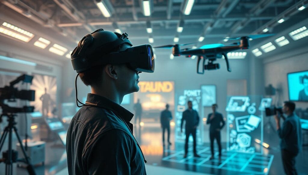 A futuristic and technologically advanced cinematic scene depicting the influential integration of artificial intelligence in the filmmaking process. In the foreground, a director wearing a sleek augmented reality headset directs a team of digital creatives manipulating holographic movie elements. In the middle ground, an autonomous camera drone captures the dynamic scene with precision. In the background, a sprawling digital studio filled with intelligent assistants, procedural animation, and generative sound design tools that seamlessly blend the physical and digital realms. Ethereal blue-tinted lighting and a sense of awe-inspiring technological wonder permeate the atmospheric composition.