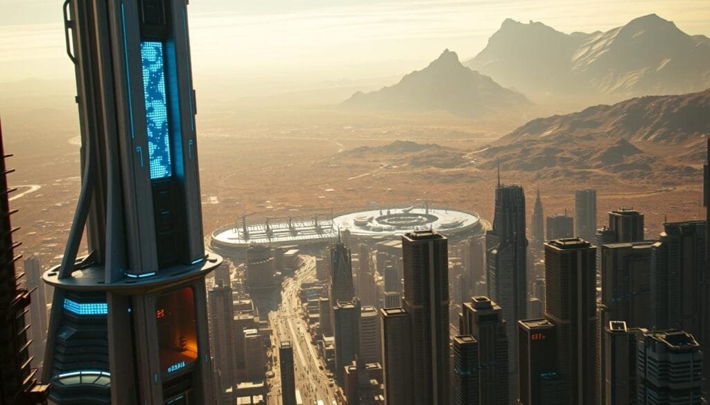 A futuristic cinematic landscape, set against the backdrop of a thriving metropolis. In the foreground, a towering, monolithic structure dominates the frame, its sleek, angular design evocative of advanced technology. Glowing holographic displays and floating platforms hint at a world where science fiction has become reality. The middle ground is filled with a bustling, urban environment, skyscrapers reaching towards the heavens, their windows reflecting the vibrant colors of the sky. In the distance, a vast, alien landscape unfolds, rugged and otherworldly, suggesting the promise of unexplored frontiers. The lighting is a dynamic blend of warm and cool tones, creating a sense of depth and atmosphere. The camera angle is slightly elevated, offering a panoramic view that captures the scale and grandeur of this futuristic vision.