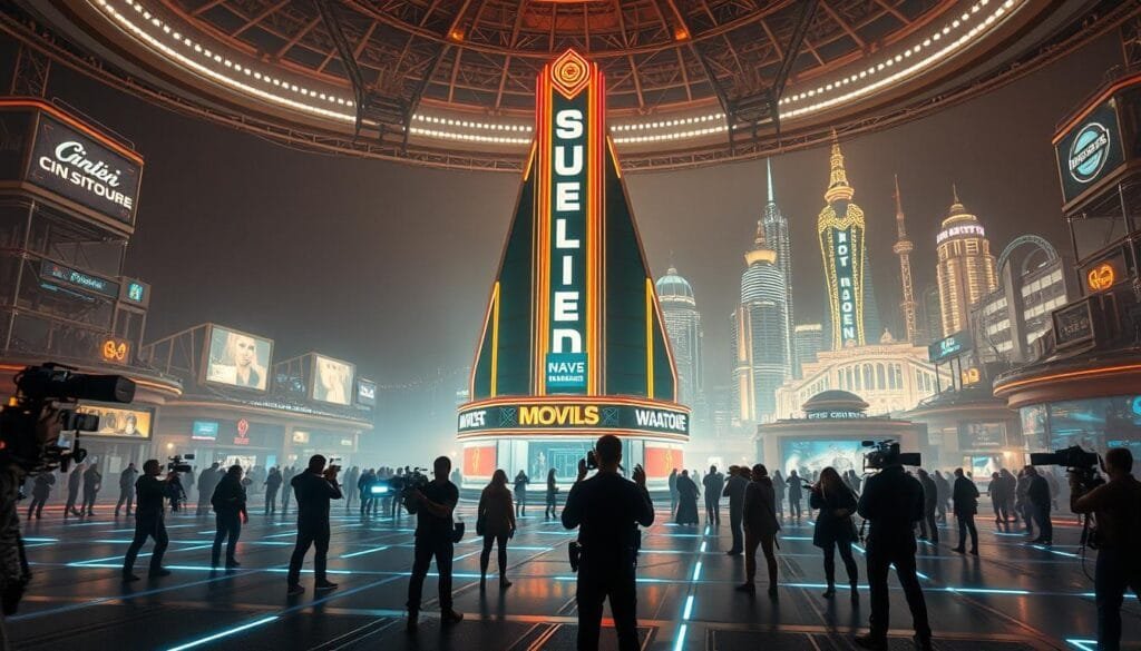 A futuristic cinematic landscape, where cutting-edge technology and visionary storytelling collide. In the foreground, a team of filmmakers wield virtual cameras, capturing dynamic scenes on a vast, fully immersive digital stage. The middle ground features a towering, holographic marquee showcasing innovative, genre-bending movie titles, hinting at a future where traditional boundaries are shattered. In the background, a skyline of gleaming, architectural masterpieces houses state-of-the-art production facilities, bustling with creative energy. Warm, vibrant lighting bathes the scene, evoking a sense of boundless potential and fierce competition within the cinema of tomorrow.