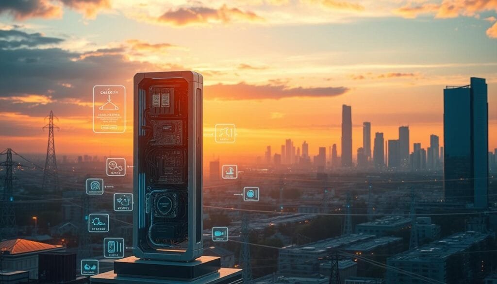 A futuristic cityscape at dusk, bathed in a warm, golden glow. In the foreground, a towering, sleek battery module takes center stage, its intricate circuitry and advanced components visible through a transparent casing. Surrounding it, floating holograms display energy output, charging status, and battery life projections. In the middle ground, a network of high-capacity, next-generation power lines and smart grid infrastructure crisscrosses the skyline, connecting to residential and commercial buildings. In the distance, a skyline of gleaming skyscrapers and eco-friendly structures, powered by these durable, long-lasting battery technologies. The scene conveys a sense of boundless energy, sustainable innovation, and a future where our devices and infrastructure are powered indefinitely.