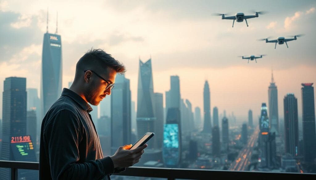 A futuristic cityscape bathed in a soft, ambient glow. Towering skyscrapers of gleaming steel and glass stand as emblems of technological progress, while holographic displays and autonomous drones populate the urban landscape. In the foreground, a lone figure engrossed in the analysis of complex data models, their face illuminated by the warm light of a tablet screen. The scene evokes a sense of contemplation, as the human interacts with the advanced AI systems that have become integral to modern culture. The composition creates a balanced tension between the organic and the synthetic, inviting the viewer to consider the evolving role of artificial intelligence in shaping our world.