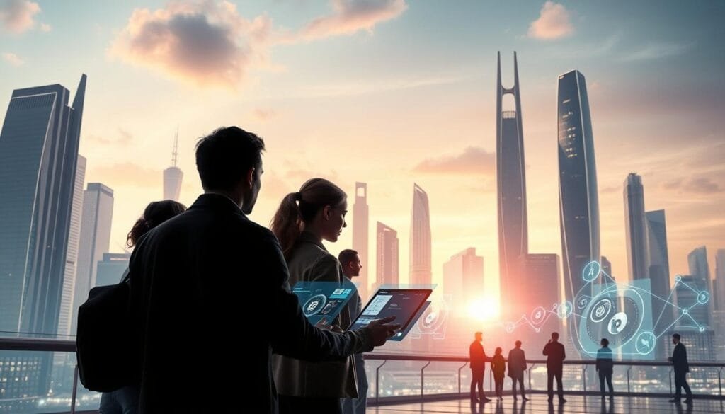 A futuristic cityscape in soft, glowing hues, with towering skyscrapers and sleek, advanced architecture. In the foreground, a group of people engaged in dynamic, collaborative learning activities, using cutting-edge holographic displays and virtual interfaces. The scene conveys a sense of progress, innovation, and personal growth, capturing the essence of "preparación profesional futuro" - the concept of adapting skills and competencies for the challenges of the future.
