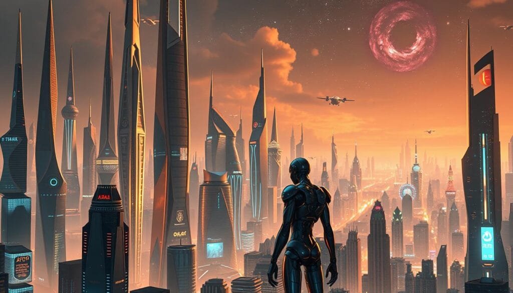 A futuristic cityscape of gleaming spires and sleek towers, bathed in a warm glow of ambient light. In the foreground, a lone android figure stands contemplative, its metallic form reflecting the technological advancements of the bustling metropolis. The background is alive with holograms, flying vehicles, and a glimpse of a starry night sky, hinting at the boundless potential of humanity's technological evolution. Subtle nods to the legacy of Stephen Hawking's groundbreaking work on black holes and the far-reaching implications of artificial intelligence weave through the scene, creating a sense of awe and wonder at the future that awaits.