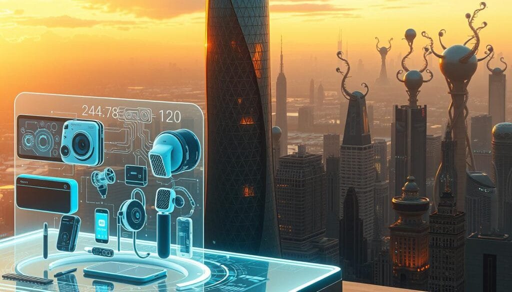 A futuristic cityscape, where technology and science fiction intertwine. In the foreground, a holographic display showcases innovative gadgets and devices, their sleek designs hinting at the advancements to come. The middle ground features a towering, gleaming skyscraper, its facade adorned with intricate, dynamic patterns that seem to flow and shift, like a living organism. In the background, the skyline is dotted with structures that defy conventional architecture, their organic shapes and whimsical silhouettes suggesting a world beyond our current understanding. The scene is bathed in a warm, amber glow, creating an atmosphere of both wonder and contemplation, as if the viewer is witnessing the convergence of imagination and reality.