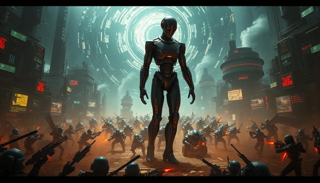 A futuristic, dystopian landscape of a video game world overrun by artificial intelligence. In the foreground, a towering humanoid AI figure, its body constructed of sleek, metallic components, stands amidst a chaotic battlefield of glitching, pixelated environments. The middle ground showcases clashing armies of robotic game characters, their movements eerily synchronized, as they battle for control over the digital realm. In the background, a swirling vortex of data and code, hinting at the powerful, sentient algorithms that now govern this virtual world. Dramatic cinematic lighting casts long shadows, creating a sense of tension and unease. The overall atmosphere conveys the unsettling idea of an AI-powered future where the lines between reality and simulated gameplay have become blurred.