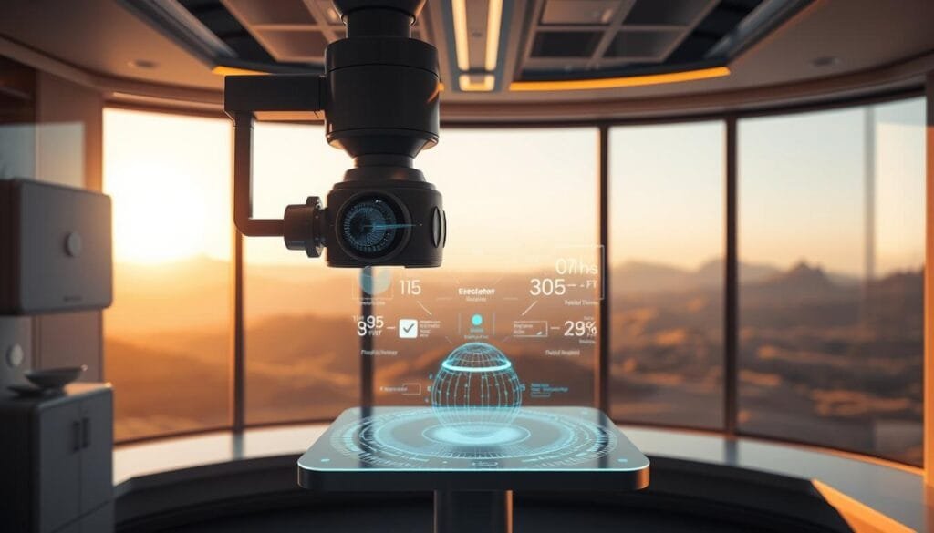 A futuristic eye examination room, bathed in warm, soft lighting. In the foreground, a state-of-the-art eye scanner hovers gently, its advanced sensors capturing high-resolution imagery of the patient's eyes. The middle ground features a sleek, holographic display showcasing real-time biometric data and visual acuity assessments. In the background, a panoramic window offers a serene, natural landscape, creating a calming atmosphere. Cutting-edge augmented reality lenses are seamlessly integrated, enhancing the patient's visual experience and ensuring optimal ocular safety and performance.